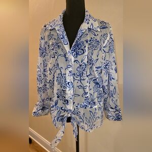 Jones New York White & Blue Tropical Floral Button-Up Blouse (Size 2X)